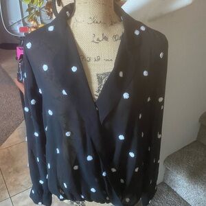 INC International Concepts Black Blouse with White Polka Embroidery